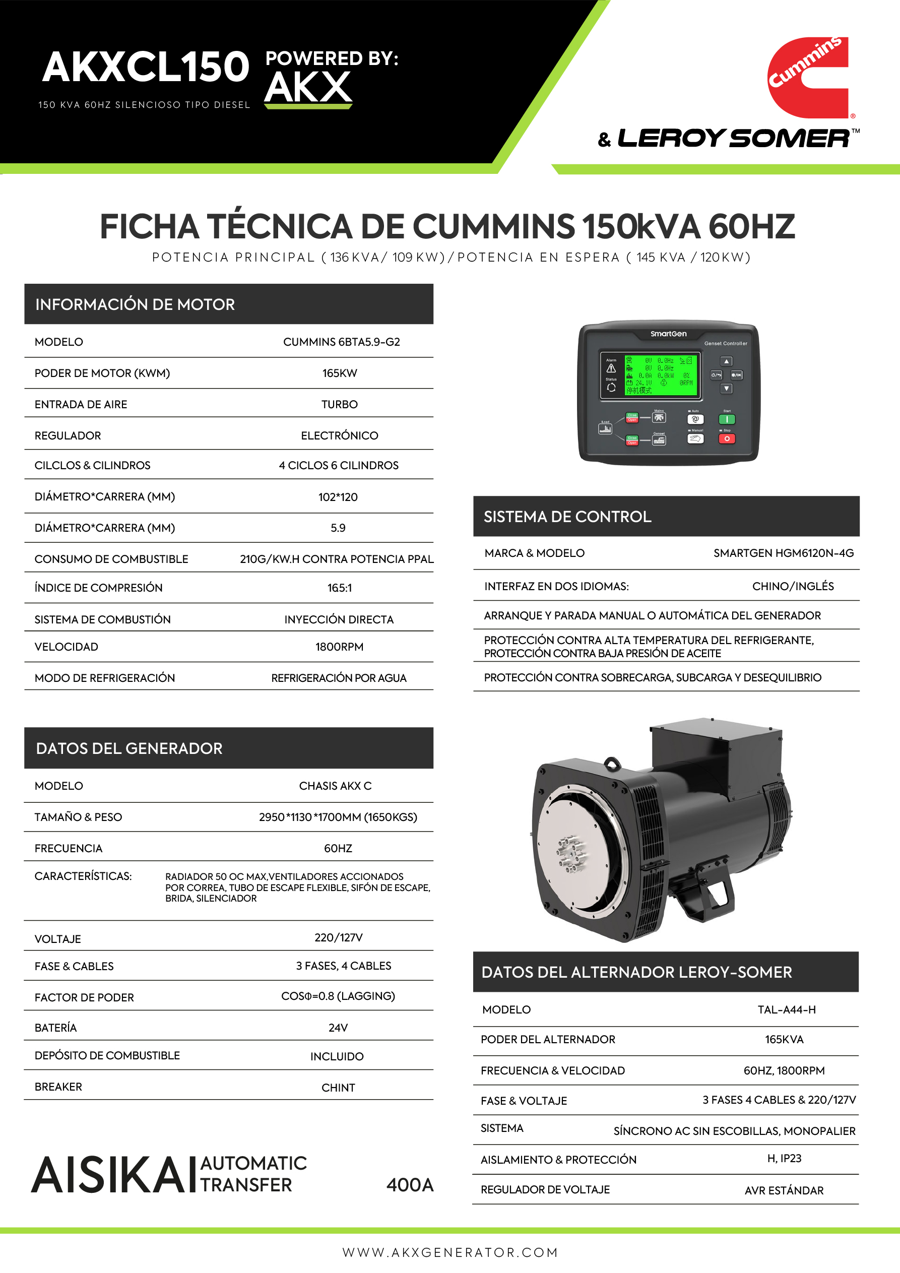 Ficha tecnica generador 150 KVA CUMMINS-akx-generator