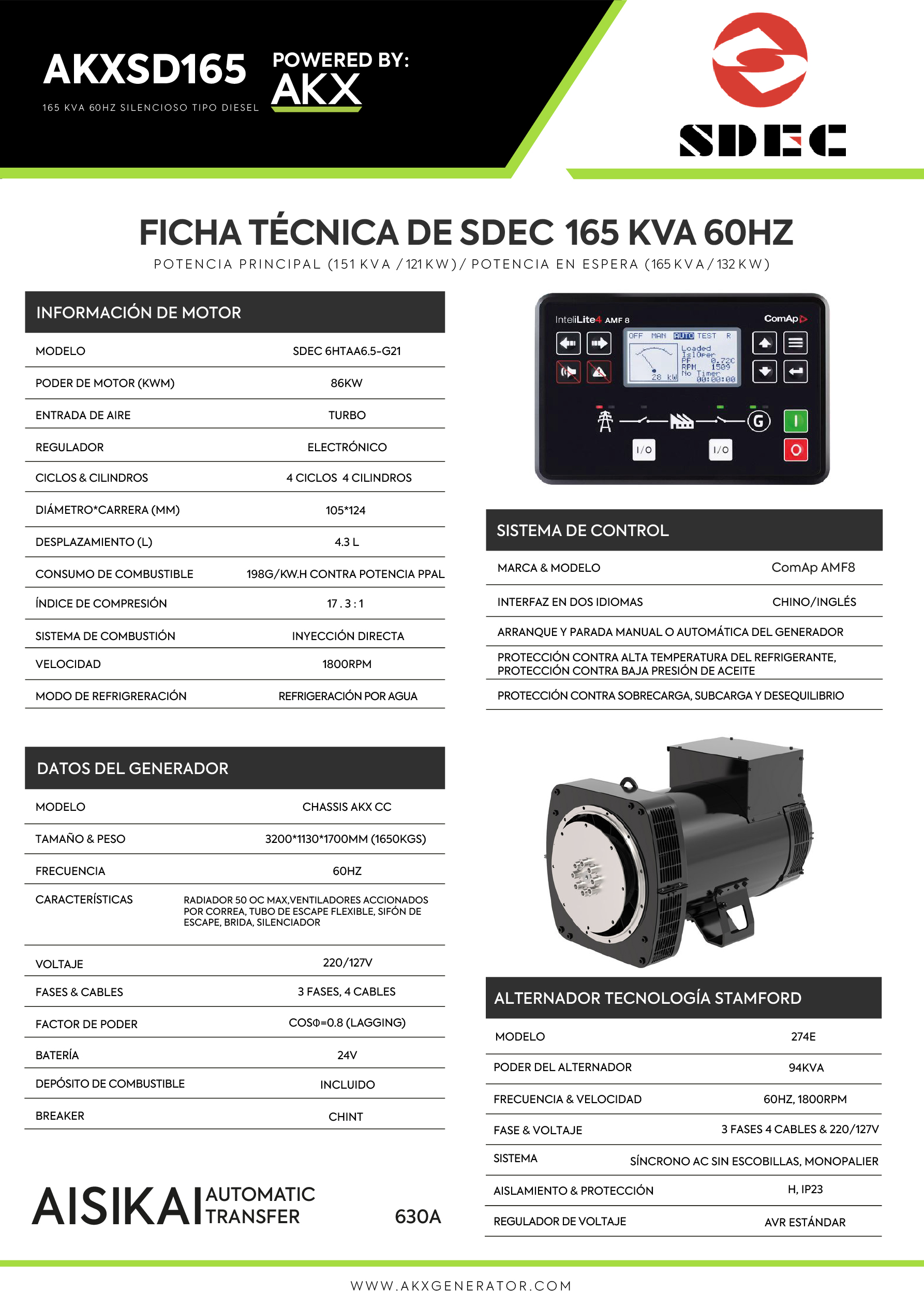 Ficha tecnica generador Sdec 165 KVA-AKX-GENERATOR