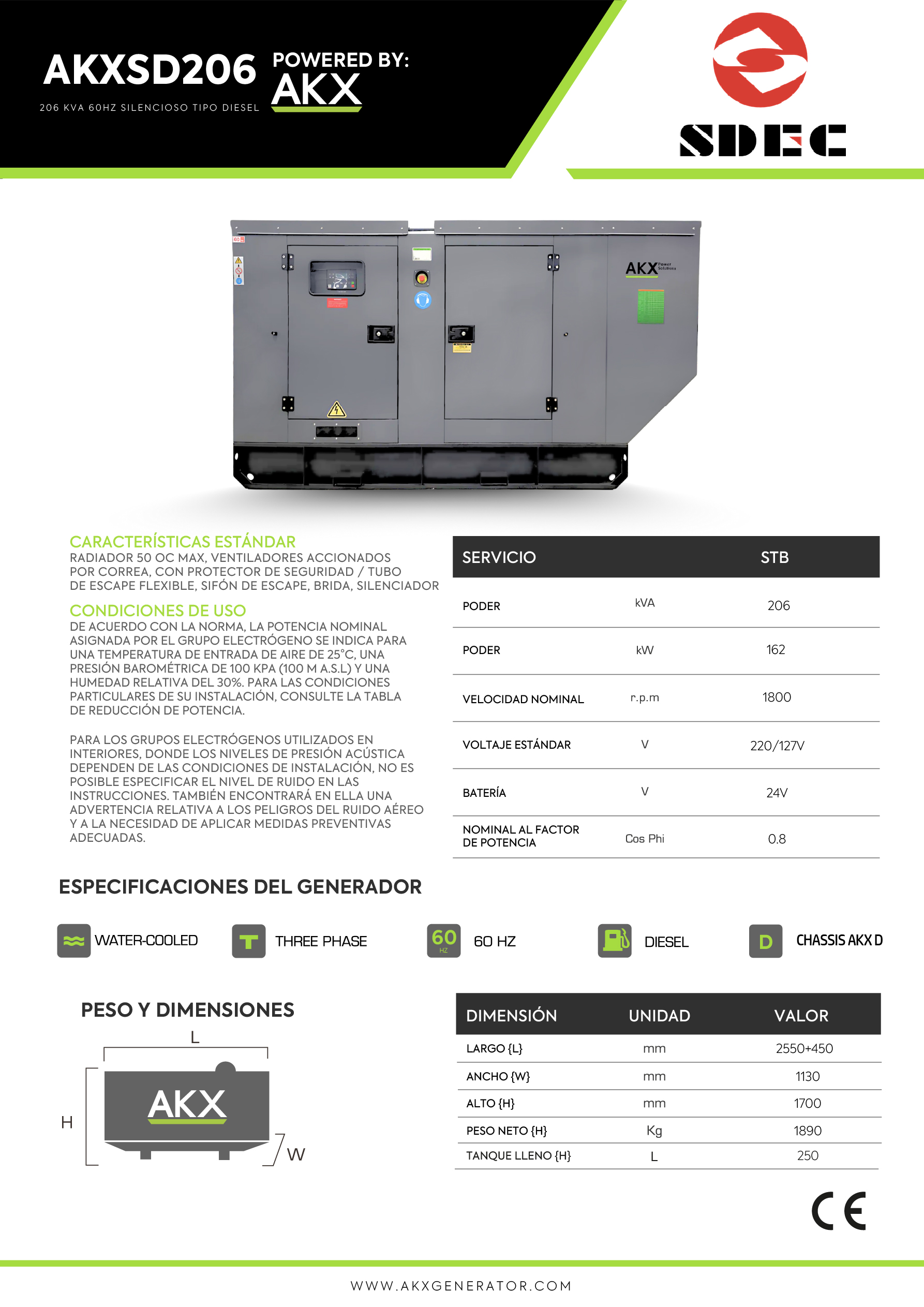 Ficha tecnica-206 KVA SDEC-AKX-GENERATOR